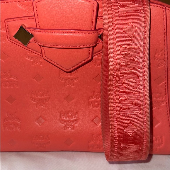 MCM Essentials Hot Coral Monogram Leather Crossbody - Picture 14 of 16